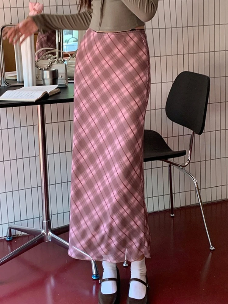 2026 Spring Autumn New Fashion Versatile Skirts European American Style Vintage Plaid Mesh High Waist Women Bodycon Skirt