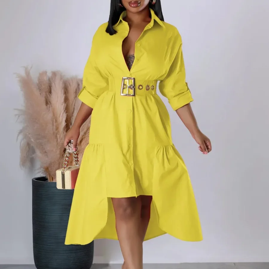 Shirt Dress for Women Long Lantern Sleeves Turn Down Collar Irregular Length Female Elegant Office Ladies Female Gowns New