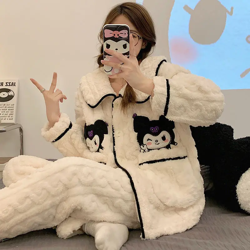 

Sanrio Coral Velvet Pajamas Kuromi Flannel Home Clothing Autumn and Winter Add Velvet Thickened Internet Celebrity Fashion Set