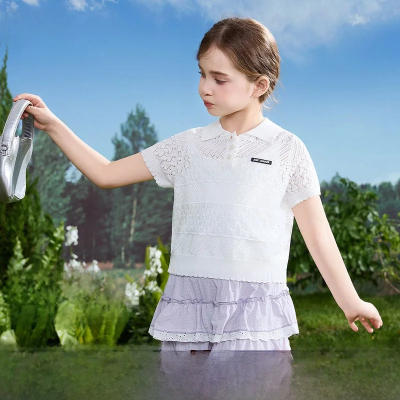 Camiseta de Manga Corta con Cuello  para Niñas, Informal, Transpirable, Tejida, con Aberturas, Nueva Colección de Verano,...