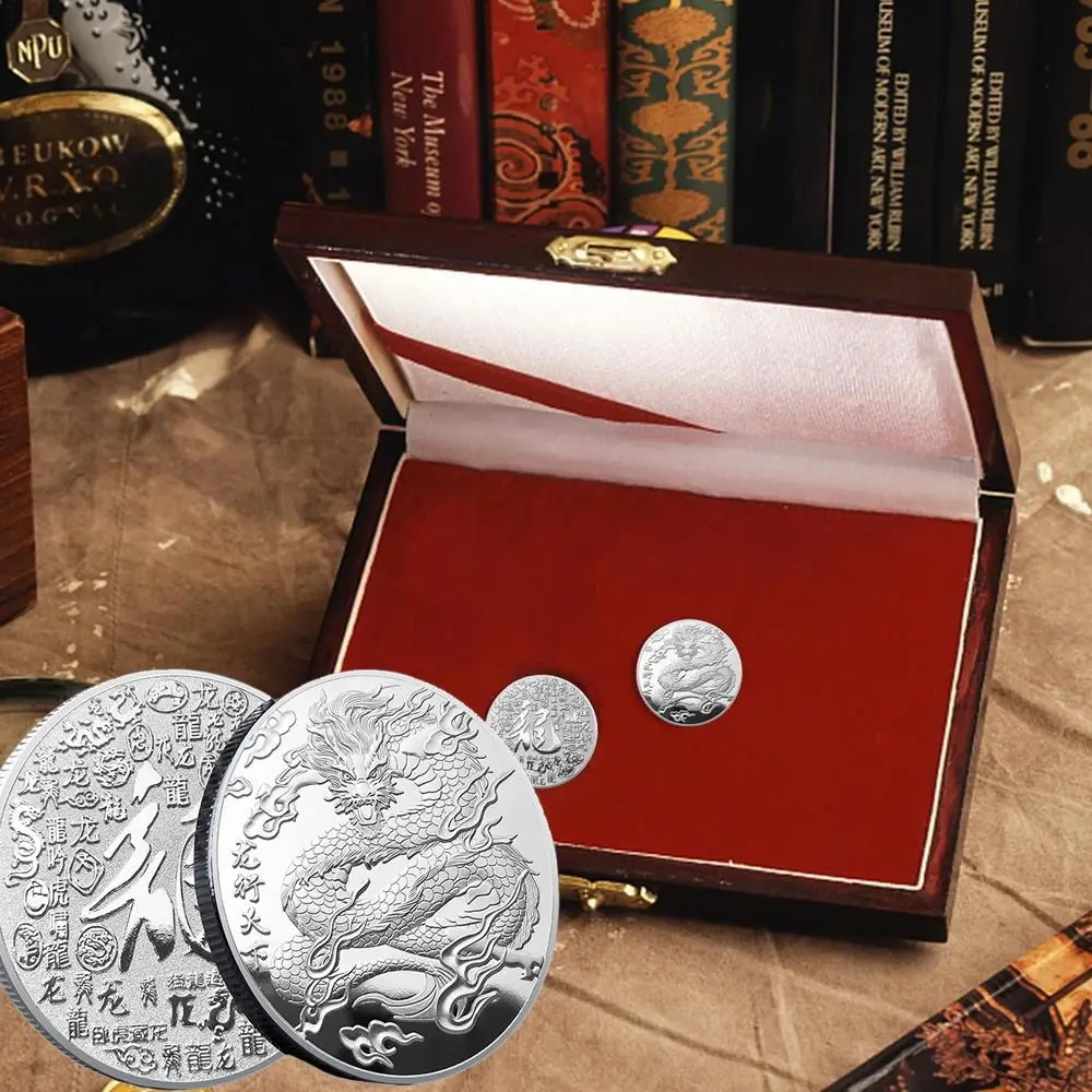 Gold Dragon Embossed Coins Double-Sided Silver Plated Chinese Zodiac Dragon Coin with Chinese Letters Three-dimensional