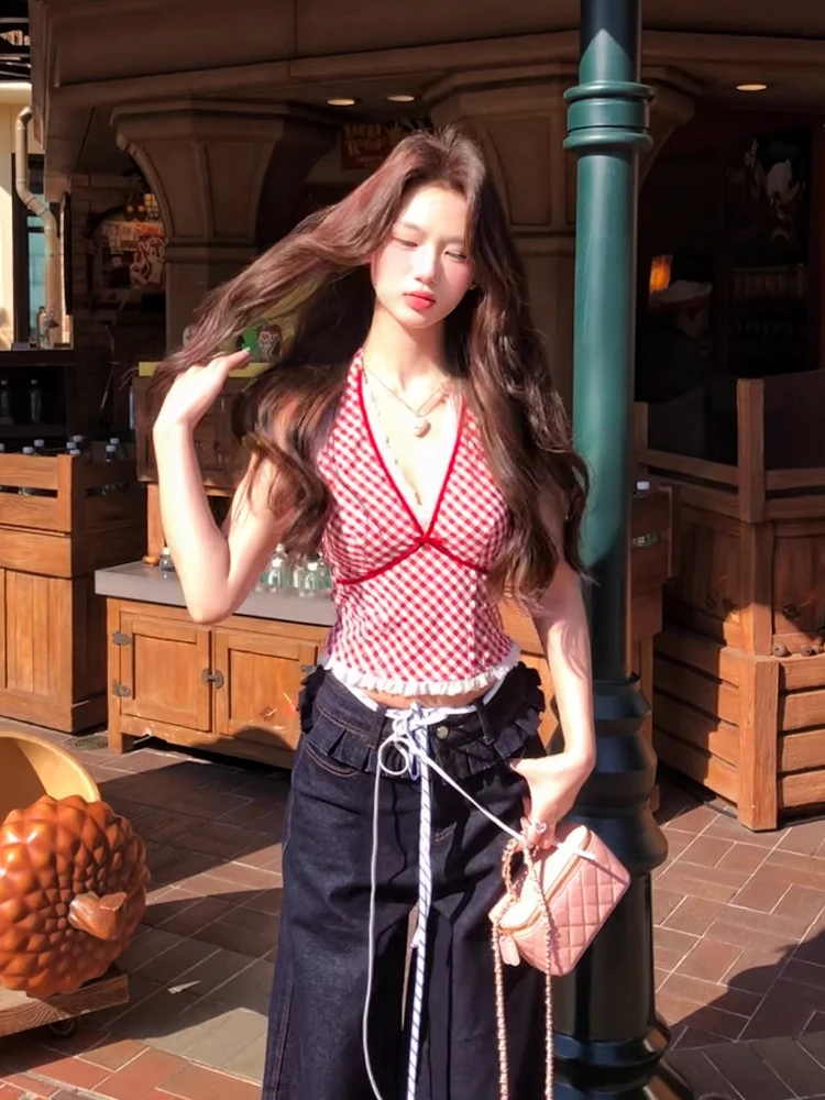 

Harajuku Red Plaid Tank Top Vest Women Summer Sleeveless V-Neck Sexy Bodycon Tshirts Female Outwear Bodycon T-shirts Chic Korean