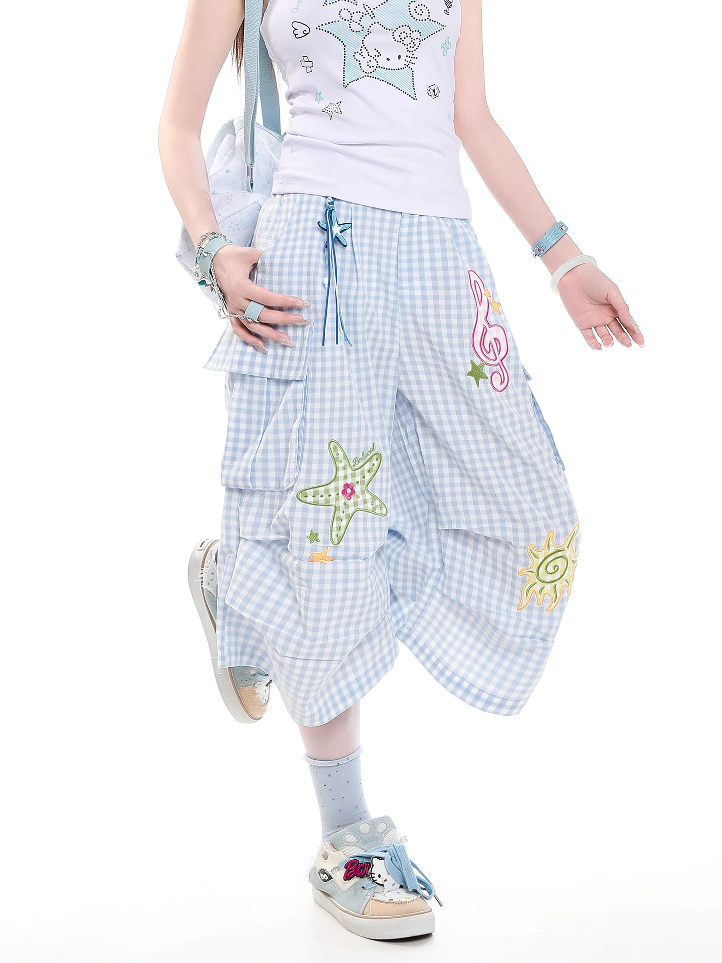 Summer Sweet Style Patchwork Embroidery Loose Wide Leg Pants Women's Casual Elastic Waist Loose Slimming Seven-Foot Pants