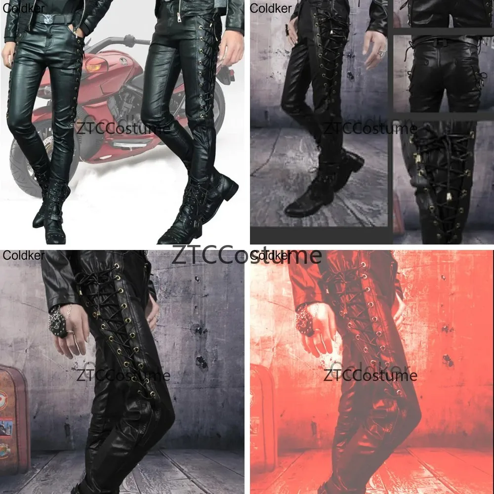 

PU Leather Pants Men Solid Color Punk Motorcycle Trousers Cosplay Costume Cool Casual Club Wear