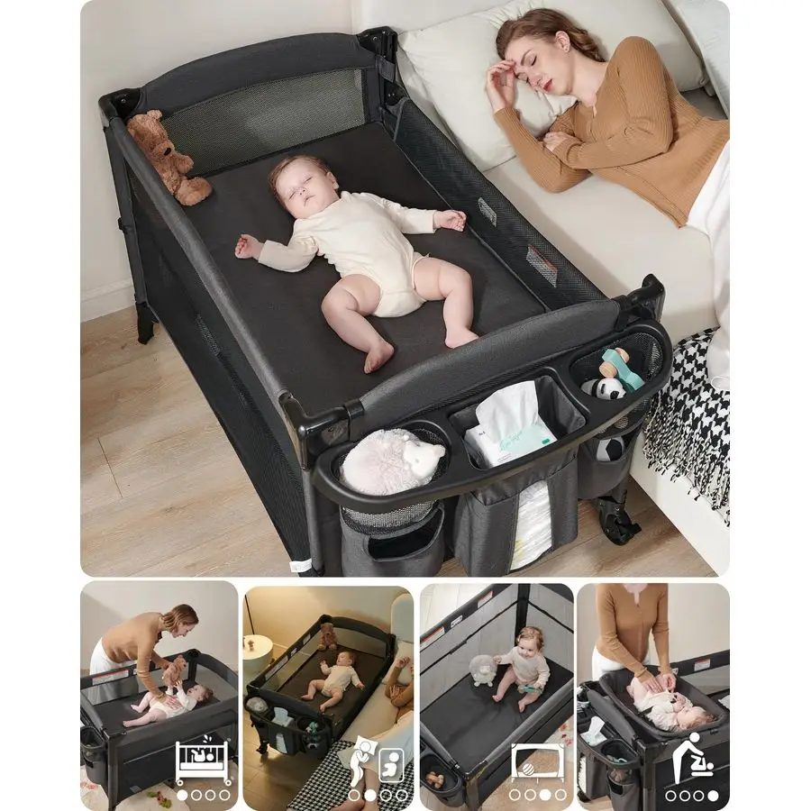 سرير أطفال 4 في 1 بجانب السرير، 4 وظائف سرير، لعب، طاولة تغيير محمولة، سرير للأطفال حديثي الولادة، بجانب السرير