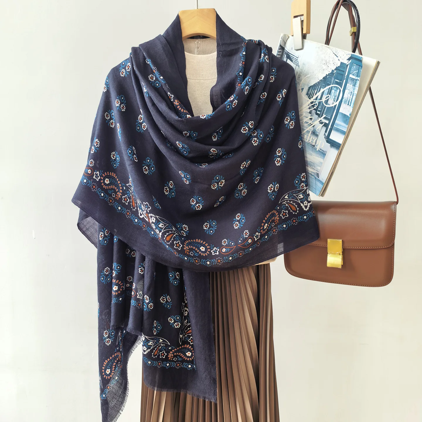 Women's 100% Wool Large Shawl Ethnic Navy Paisley Tiny Floral Print Scarf Soft Warm Fringe Neck Wrap Retro Ethnic Shoulder Cover
