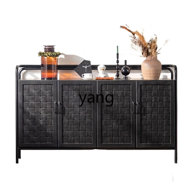 

Yjq Sideboard Cabinet Double-Layer Solid Wood Multilayer Storage Wall Rattan Surface Retro Home Entrance Cabinet