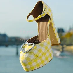 Satin Yellow Crystal Sweet Platform Pumps Round Toe Buckle Ankle Strap Chunky High Heels Sandals Women Party Lolita Dress Shoes