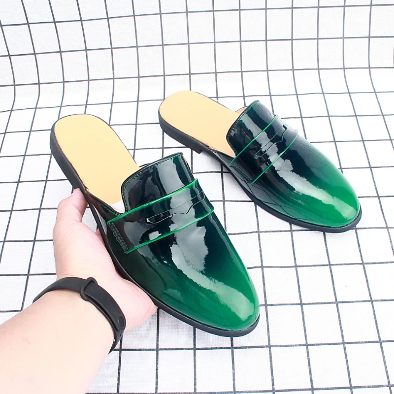 Designer Slippers Men Mules Coiffeur Patent Leather Slippers Men Half Shoes for Men Slippers Luxury Black Homens Sapatos Casuais