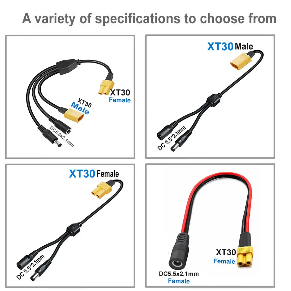 3-in-1 XT30 to Two DC5521 Connector Convert Cable, Male/Female XT30 Extension Adapter Cord Charging Conversion Plug Power Cable