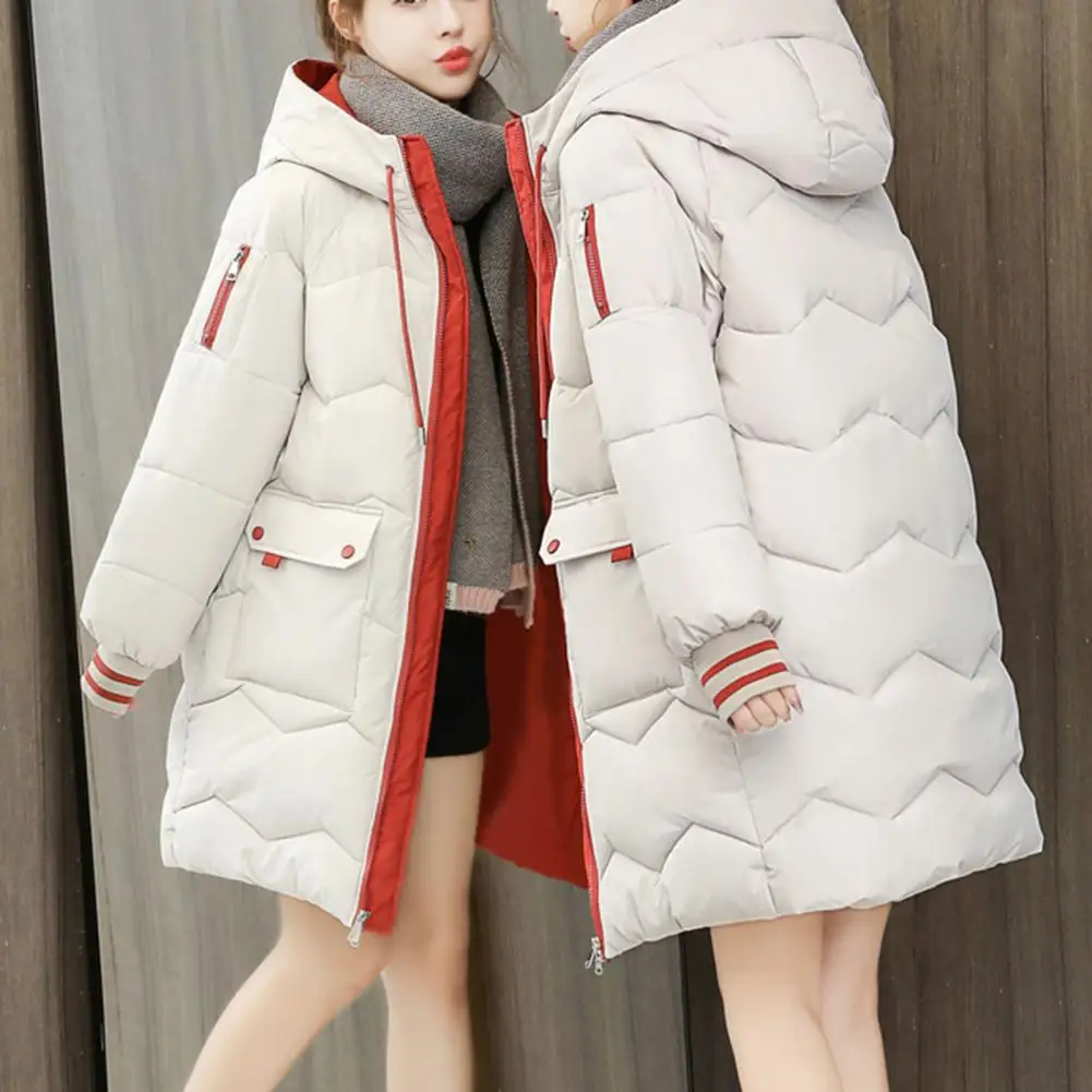 

Women Winter Mid-length Down Cotton Jacket Hooded Stand Collar Cotton Coat Zipper Placket Windproof Casual Coat Outwear