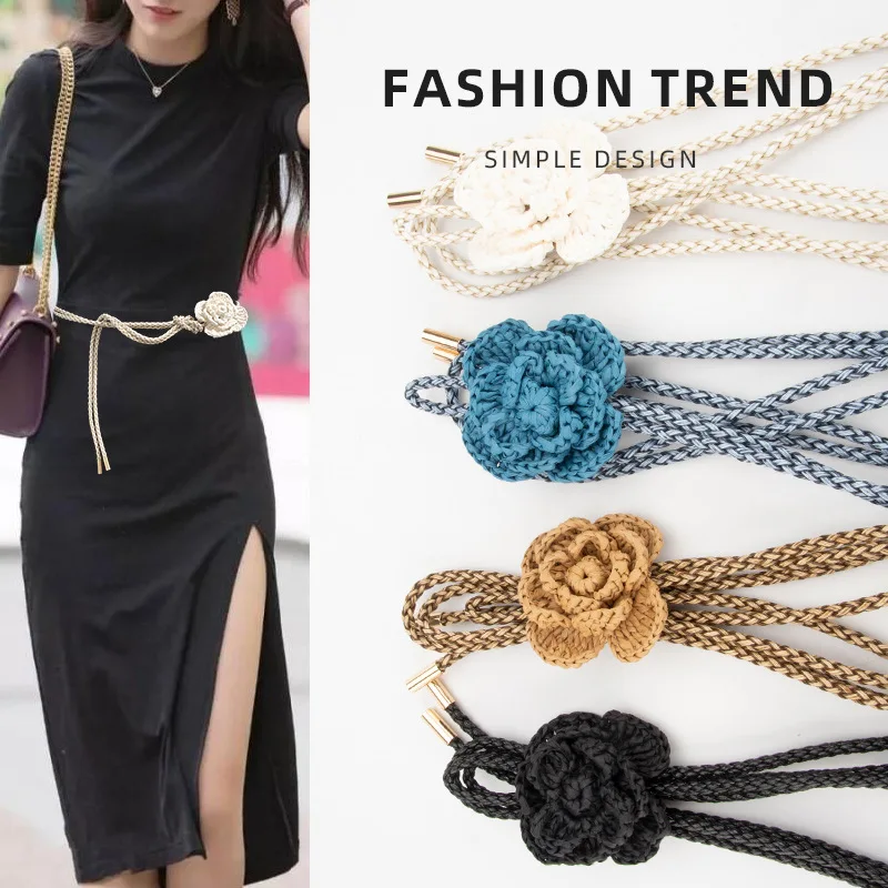 

2025 Designer Hand-woven PU Leather Waist Belts Women Flower PU Self-tie Non-buckle Waistbands Dress Shirt Cinturones Para Mujer