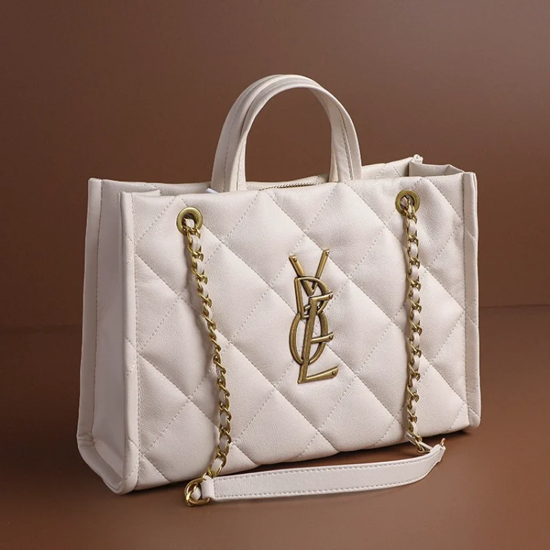 

​2025 New Women Genuine Leather Quilted Chain Tote Bag, Large Capacity Crossbody Sling Chic Shoulder Purse for Work and Travel​