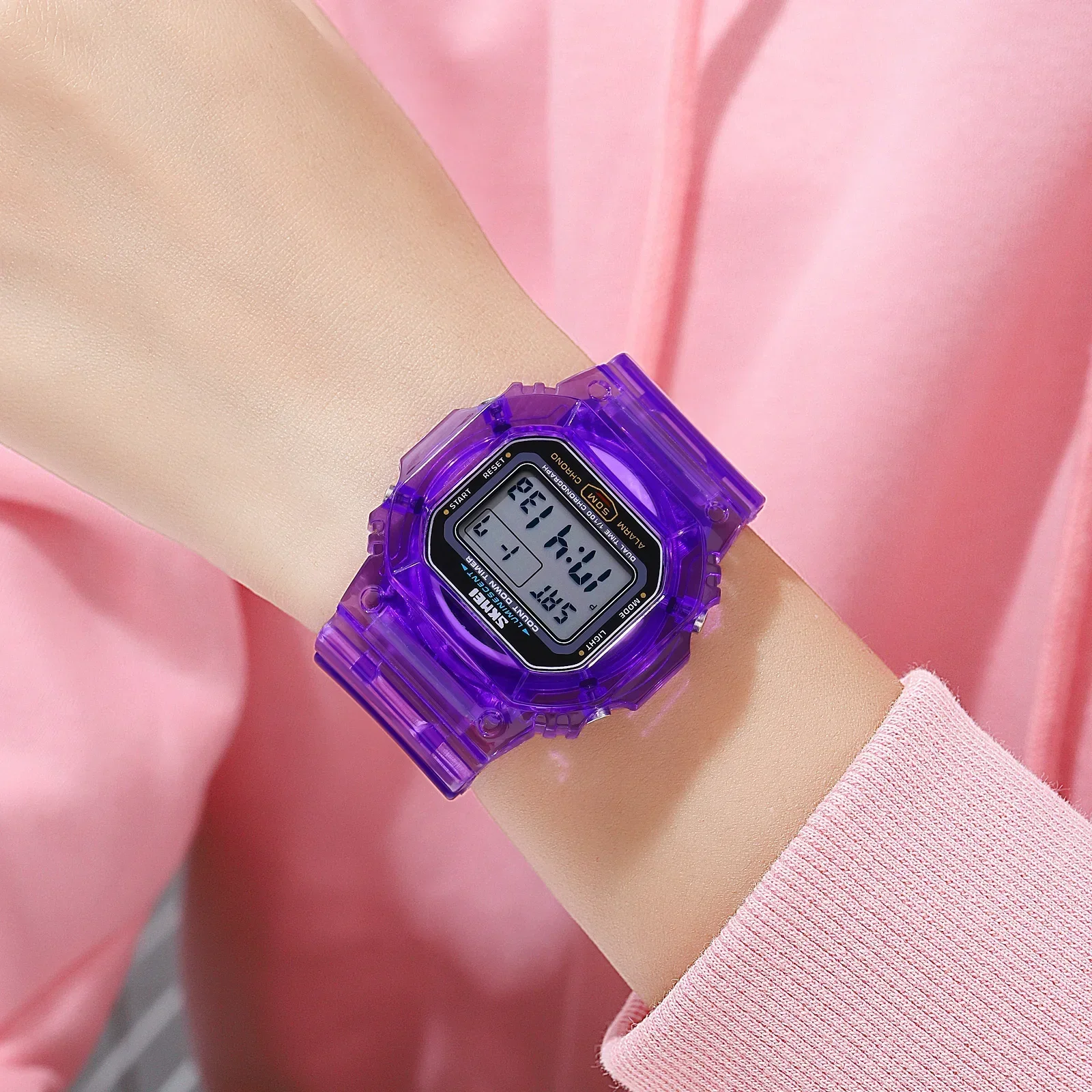 Reloj de pulsera SKMEI 1999 transparente con correa de PU para mujer, reloj de pulsera a prueba de golpes para mujer, relojes digitales multifuncionales con cuenta regresiva de 2 horas para mujer