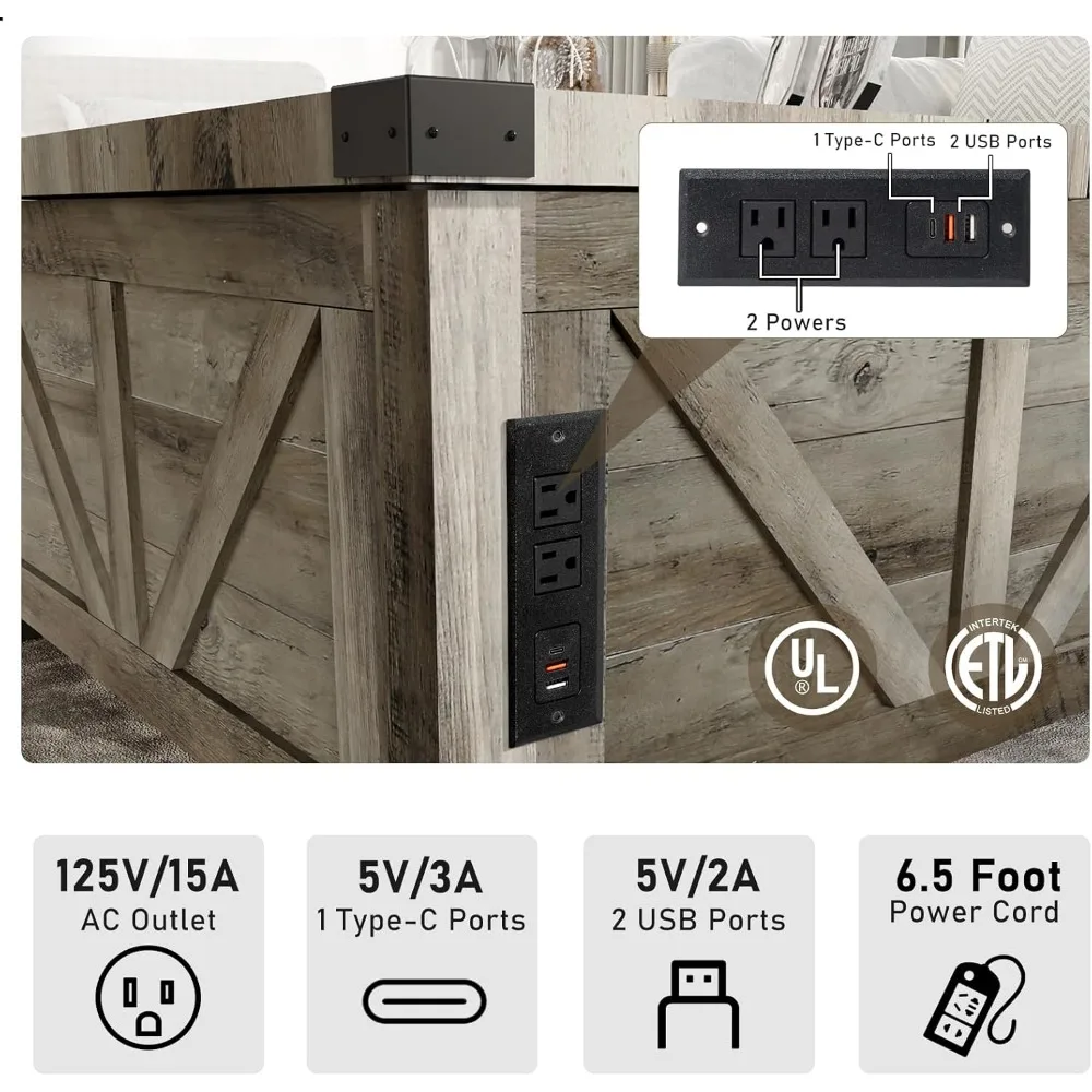 Mesa de centro elevatória de fazenda com armazenamento, mesa central quadrada de madeira com estação de carregamento e portas USB, mesa central da sala de estar