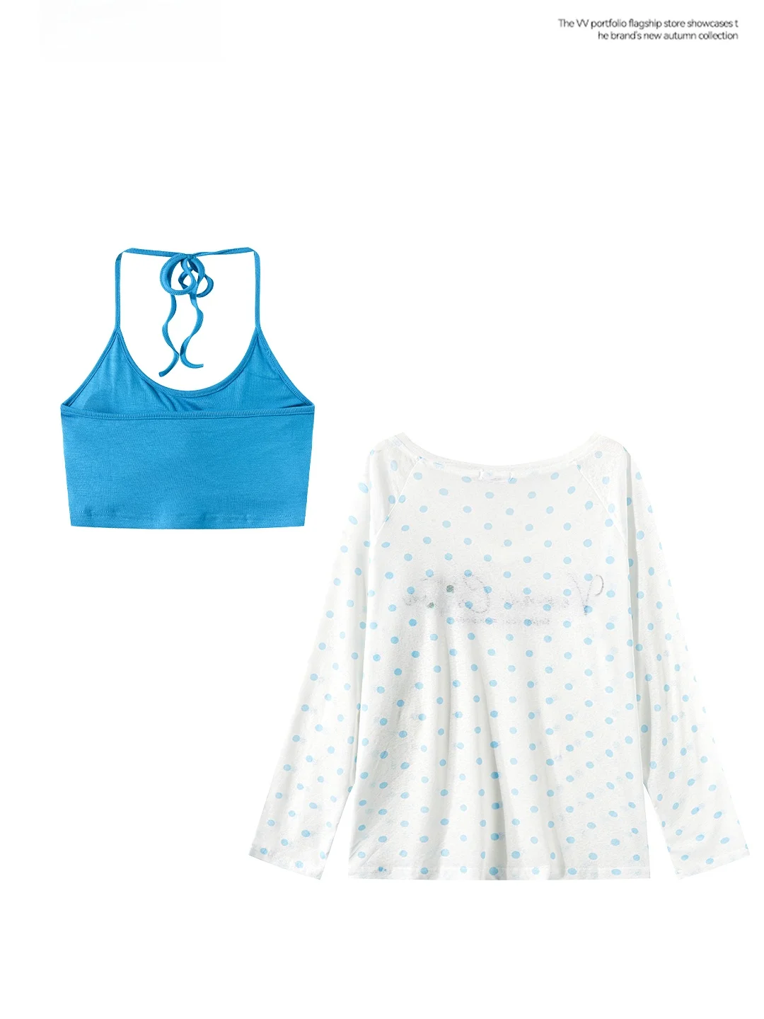 Summer Fashion Blue Long Sleeve V-neck Polka Dot Letter Print Women's T-shirt And Vest Set Casual Lightweight Commute Style