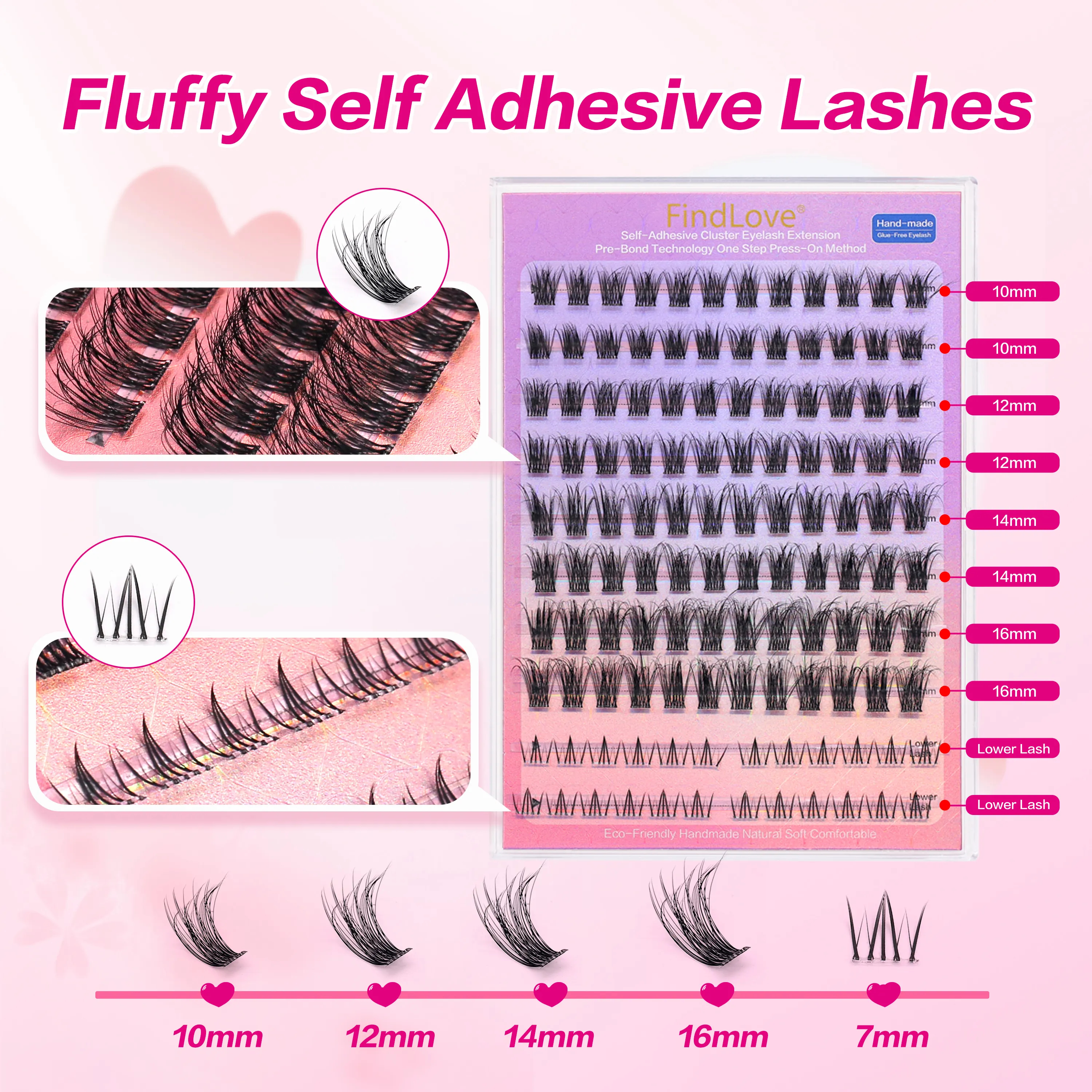 [Self Adhesive Eyelashes] 120pcs FindLove Glue Free Lash Reusable Fluffy Natural Press-on Eyelash Extension Set with Tweezer ﻿