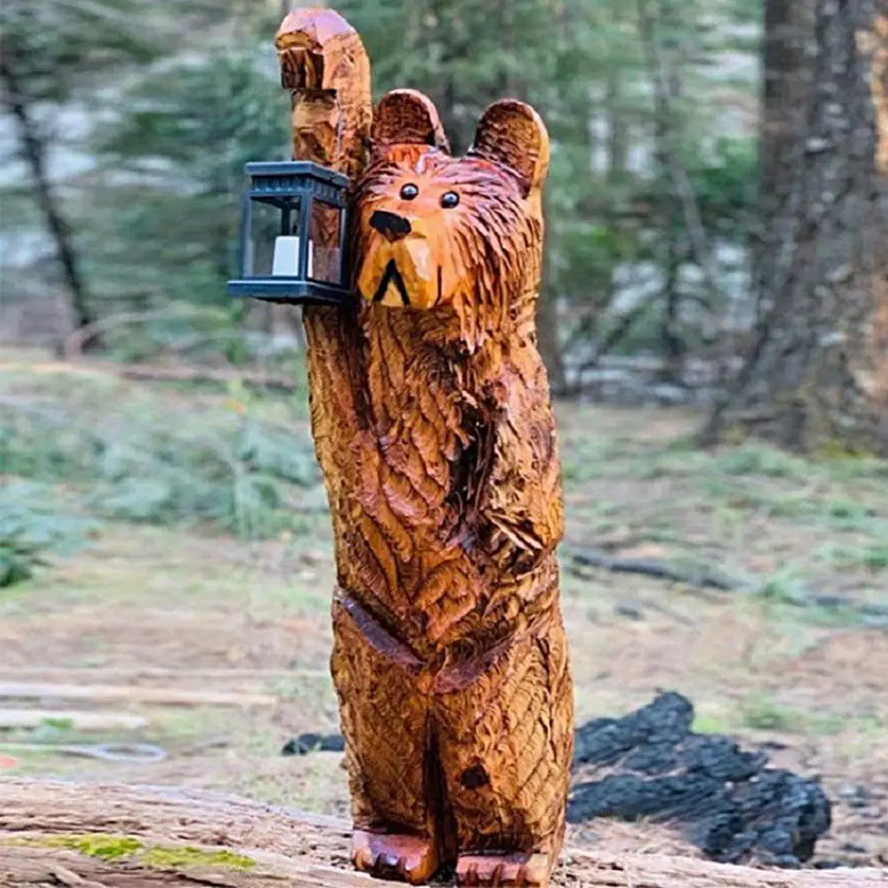 Garden Statue Standing Delicate Texture Handicraft Synthetic Resin Carved Bear Figurine With Solar Lantern Home Decor