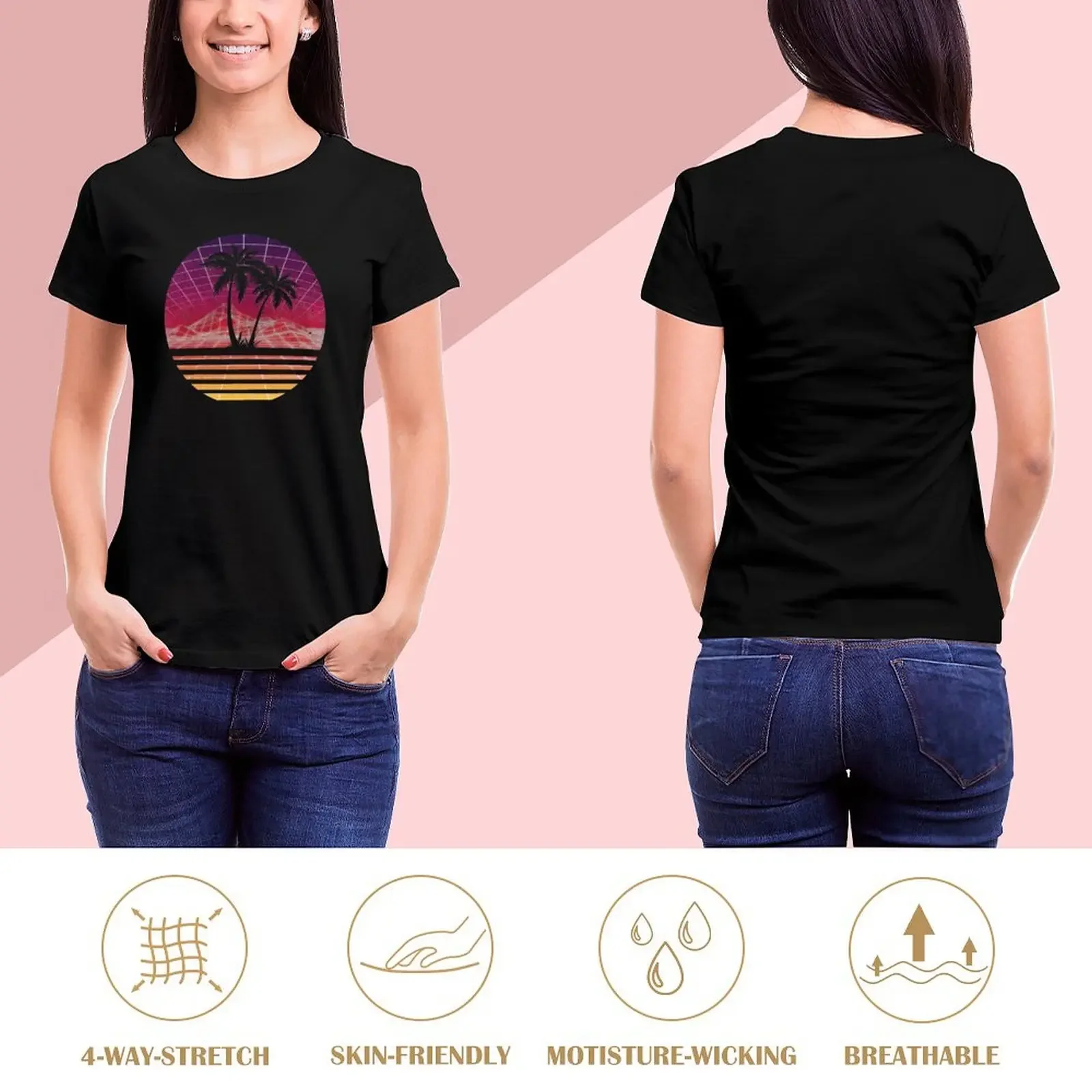 Modern Retro 80s Outrun Sunset Palm Tree Silhouette - Original T-Shirt cute tops aesthetic clothes black t shirts for Women