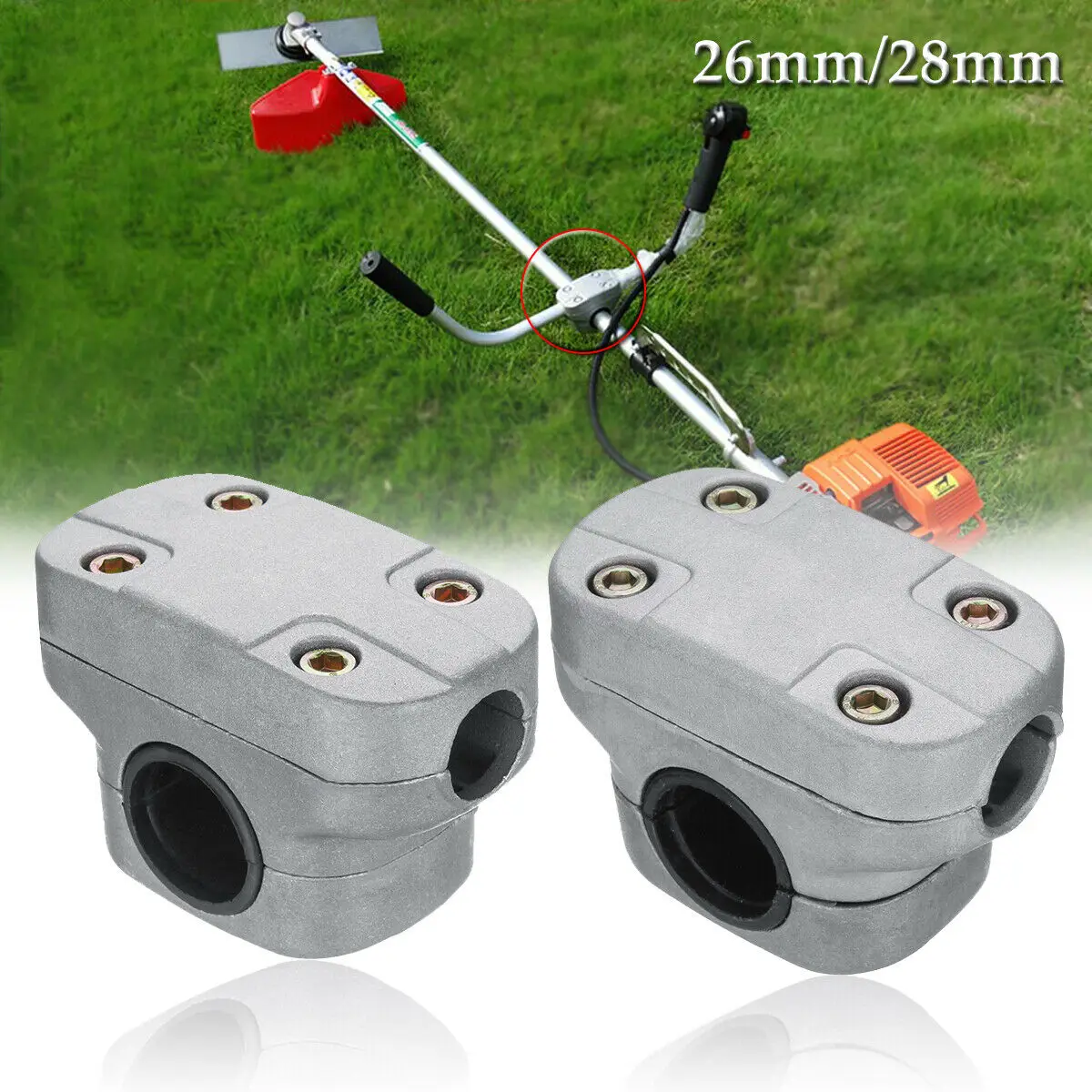 1Pcs Brush Cutter Handle Bracket Clamp 26mm 28mm Aluminum Handle Clamp For Grass Trimmer Brush Cutter Lawn Mower Part 60x89mm