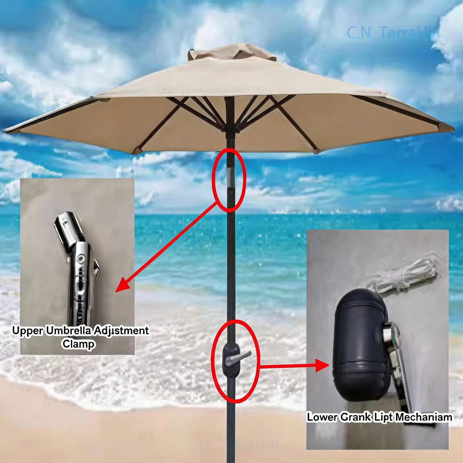 Replacement Patio Umbrella Top Canopy Replacement Parts Outdoor Garden Sun Shade Cover with Crank Handle Tilt Mechanism