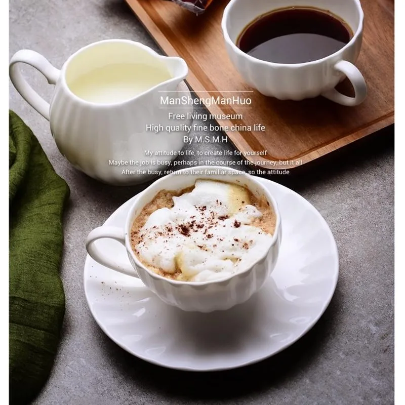 21pcs Set, Real Bone China Coffee Plain White Pumpkin Tea Cup and Teapot, with Cream Boat & Sugar Bowl, Taza Chip