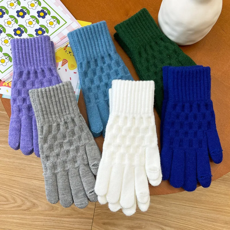 Women Winter Keep Warm Touch Screen Lattice Knitted Woolen Gloves Velvet Fashion Coldproof Drive Cycling Elasticity Soft