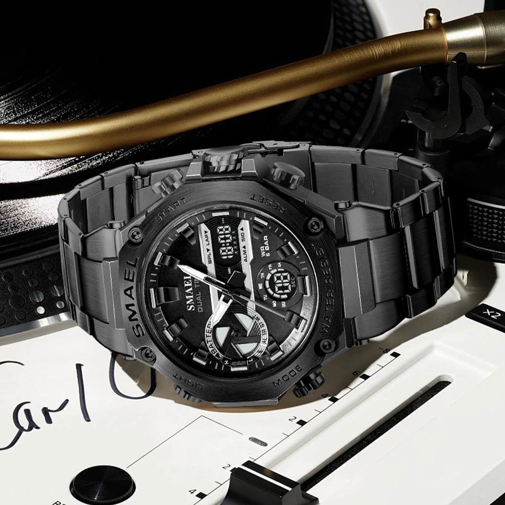 SMAEL Stainless Steel Watch for Men's Digital-Analog Dual Movement Calendar Luminous Waterproof Fashion Sports Men Wristwatch