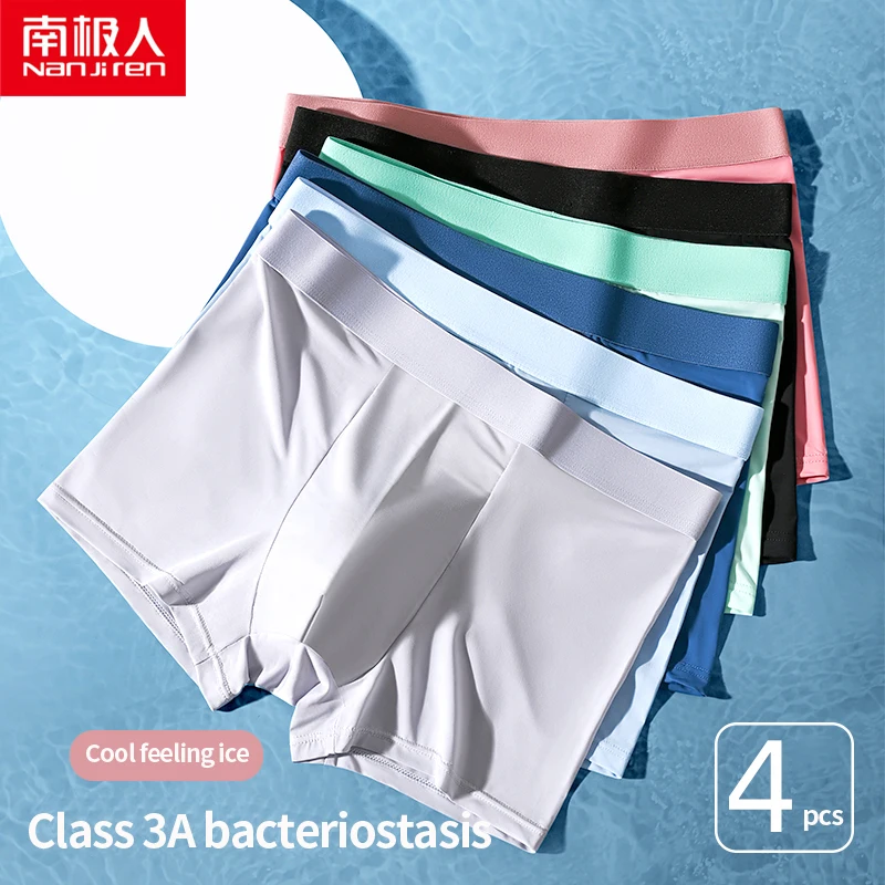 Nanjiren Ijs Zijde Mannen Ondergoed 3a Antibacteriële Boxer Effen Traceless Onderbroek Hoge Elastische Dunne Zomer 4 Stuks Mannen Slipje