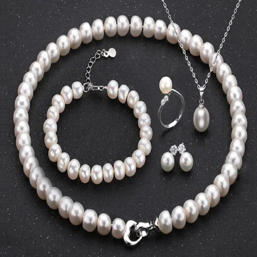 

Natural Japanese Round Pearl AAA9-10mm Pearl Necklace 18inch+Earrings Open Ring Bracelet 7.5-8inch+Pendant Necklace 18inch 925s