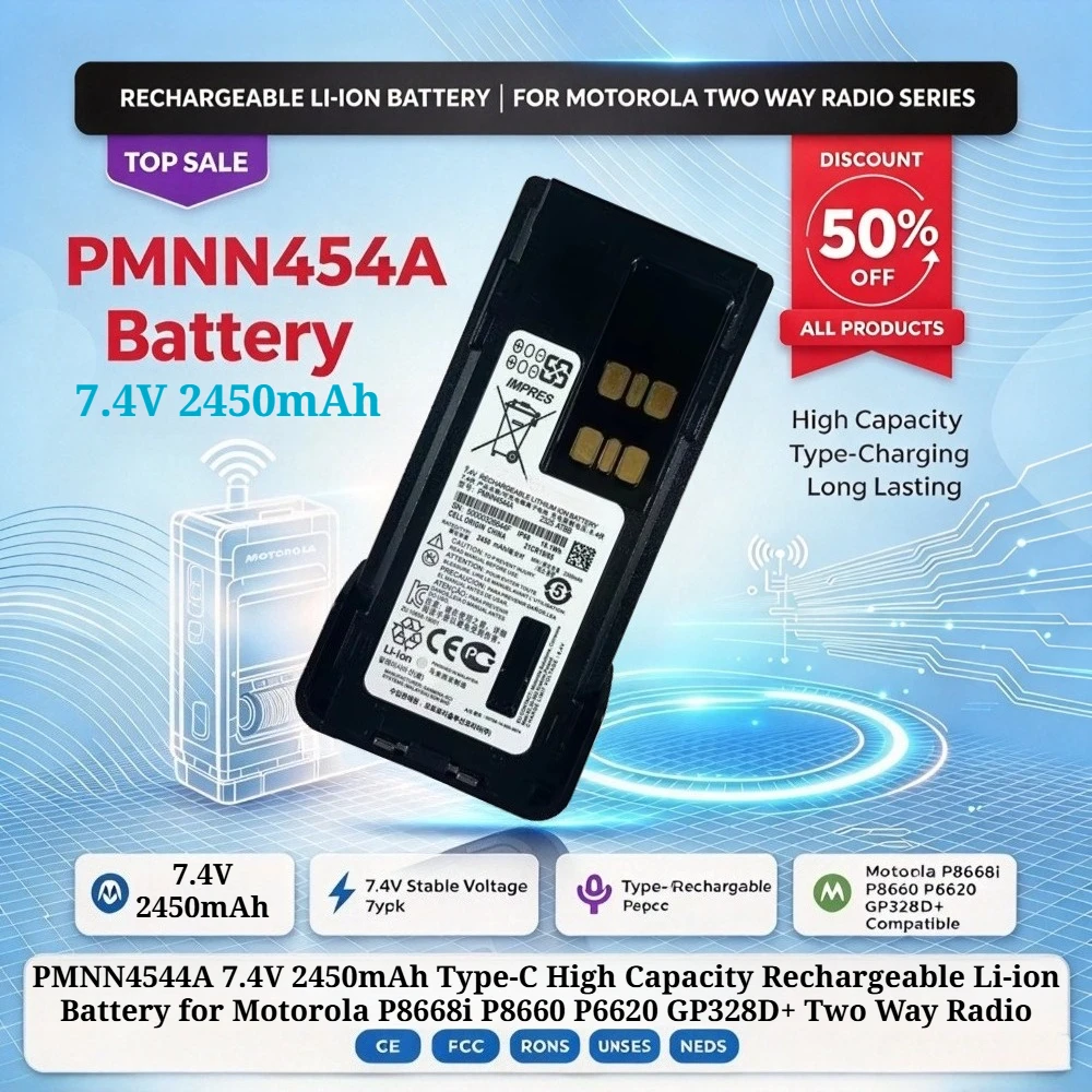 PMNN4544A 7.4V 2450mAh Type-C High Capacity Rechargeable Li-ion Battery for Motorola P8668i P8660 P6620 GP328D+ Two Way Radio