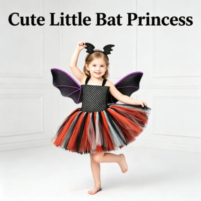 

Girls Halloween Bat Pattern Dress, Sleeveless Printed Tulle Fluffy Tutu Dress, Stage Outfit for Children's Day and Halloween