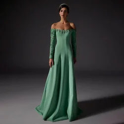 Luxury Evening Dress Mint Green Crystals Off the Shoulder A Line Women's Evening Gowns Long Sleeves Elegant Wedding Party Dress