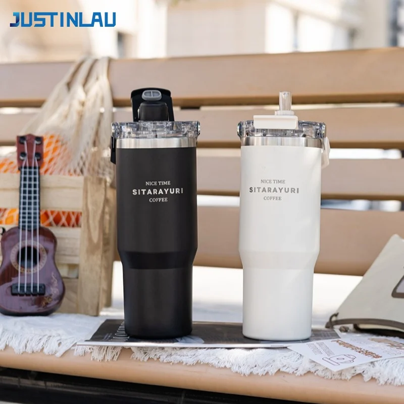 JUSTINLAU 600/900ml Eisbecher, Edelstahl-Isolierbecher mit magnetischem Strohhalmverschluss, tragbarer Reisebecher für unterwegs und im Auto_voghion.com
