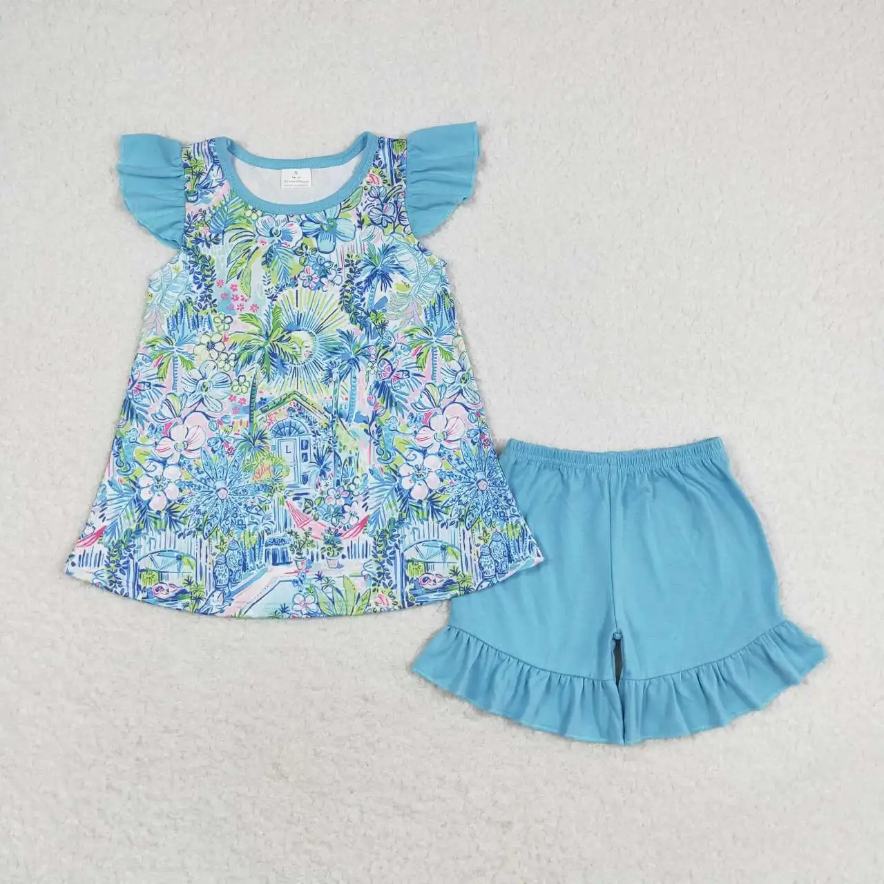 

Baby Girls Floral outfits summer clothing Toddlers wholesale boutique Baby Short Sleeves Top blue Shorts Kids new arrival sets