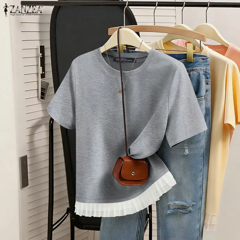 

2026 ZANZEA Женская летняя блузка с коротким рукавом, повседневная рабочая рубашка с круглым вырезом, стильный топ с пэчворком, однотонная плиссированная блузка для отпуска