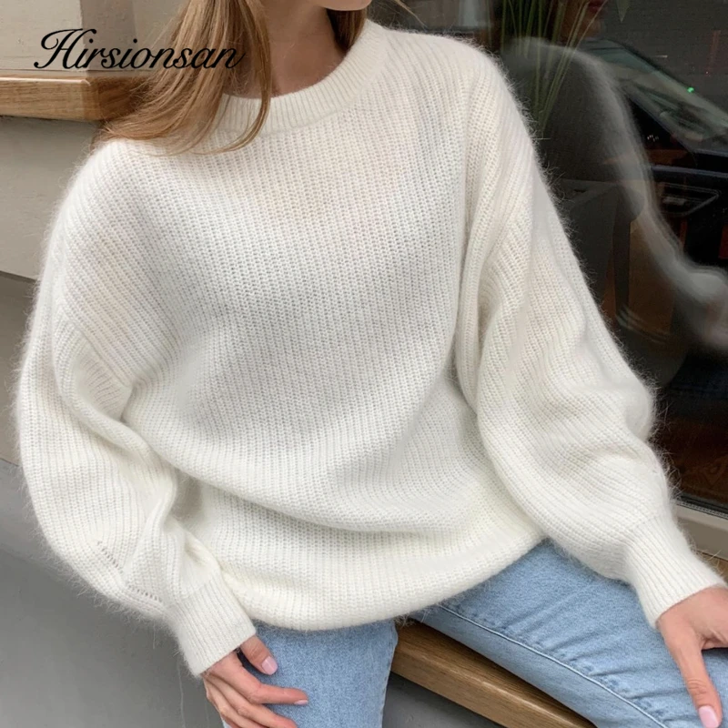 Hirsionsan Soft Loose Knitted Cashmere Sweaters Women 2023 New Winter Loose Solid Female Pullovers Warm Basic Knitwear Jumper