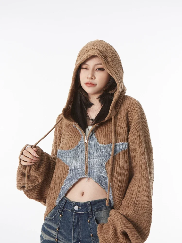 Vintage Patchwork Star Hoodes Cardigans Harajuku Zipper Women Chic Knitwear Autumn Ladies Cashmere Jacket Elegant Short Sweater