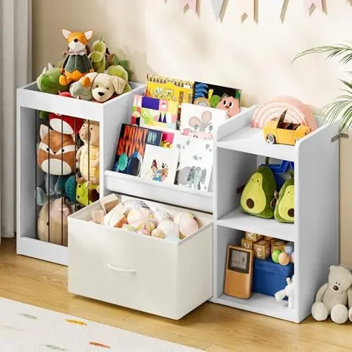 Kids Bookshelf, Children's Toy Storage Rack with Der, Display Shelf with Stuffed Animal Organizer, Toddler Bookcase
