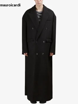 Men's Extra Long Wool Blend Overcoat 2 Mauroicardi Autumn Winter Extra Long Black Oversized Thick Warm Soft Wool & Blends Coat Men Double Breasted Korean Fashion 2023 2
