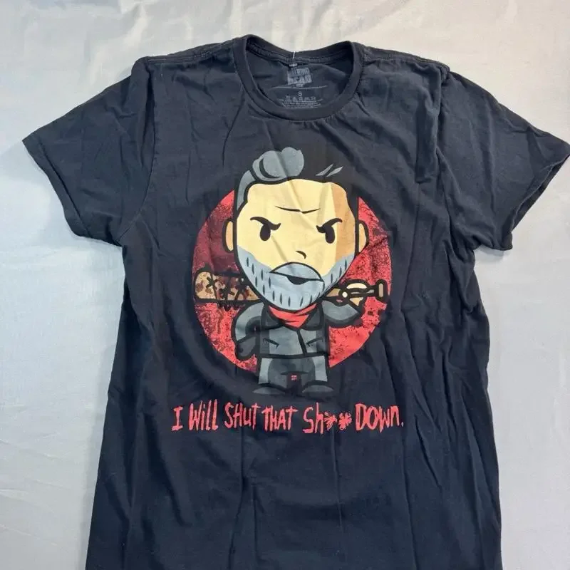 Camiseta negra de Negan de The Walking Dead, talla pequeña, con la frase “I’ll Shut That Sh** Down”