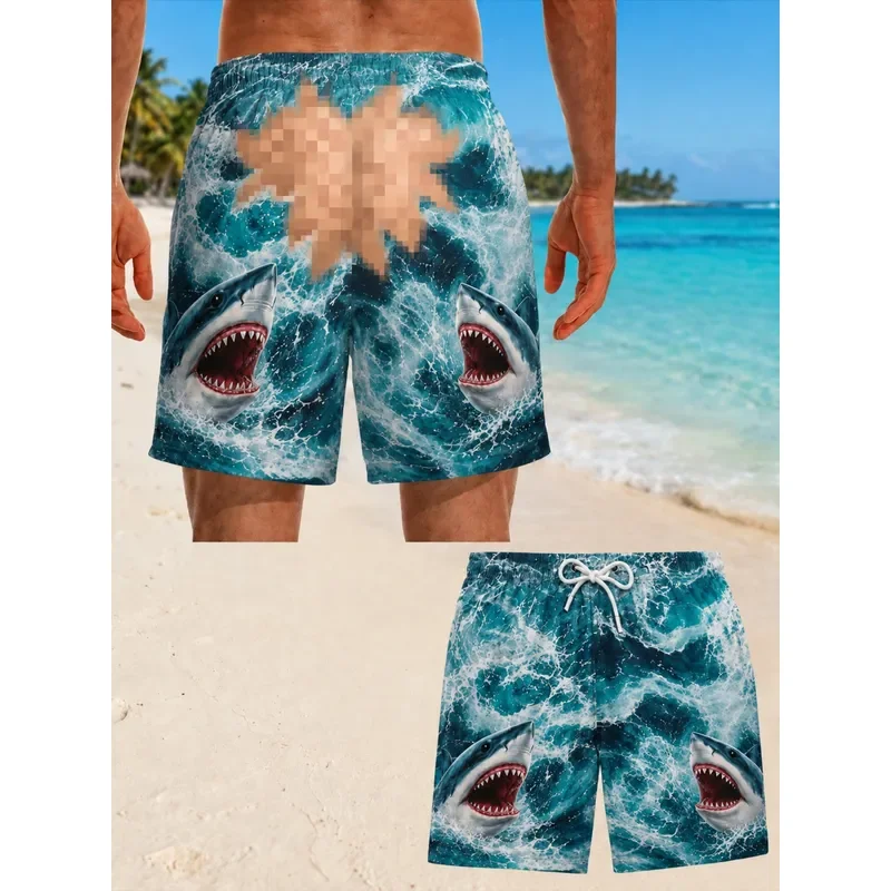 for Men Novelty Fake Butt Beach Shorts Funny Pixelated Censored Butt Print Swim Trunks with Shark and Rough Sea Wave Graphic