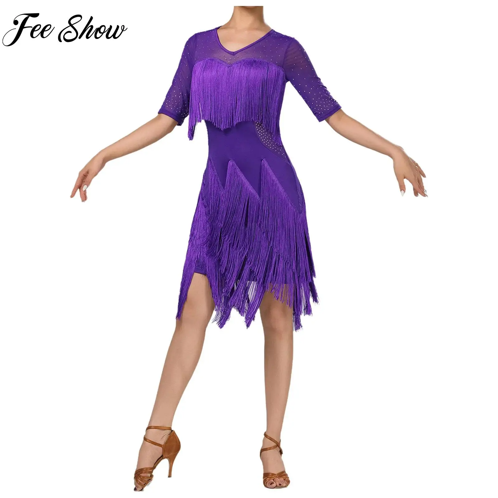 

Women Latin Chacha Tassel Rhinestone Dress Short Sleeve Irregular Hem Fringe Mesh Dress Rumba Samba Tango Performance Dance Wear