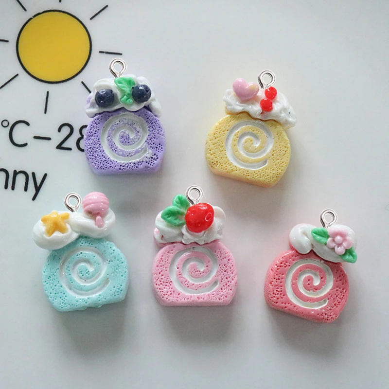 10Pcs Simulation Flower Cake Roll Resin Pendant DIY Keychain Make Floating Accessories Cute Earring Bracelet Jewelry Charm Ring