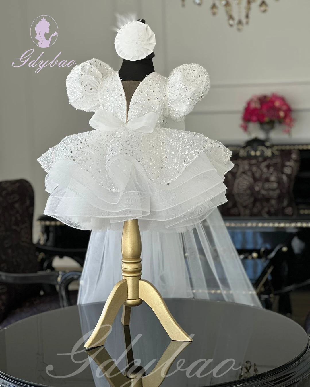 Weißes Blumenmädchenkleid für die Hochzeit, bauschige Pailletten, Tüll, knielang, mit Schleife, Kindergeburtstag, Baby-Prinzessin, Erstkommunionkleid