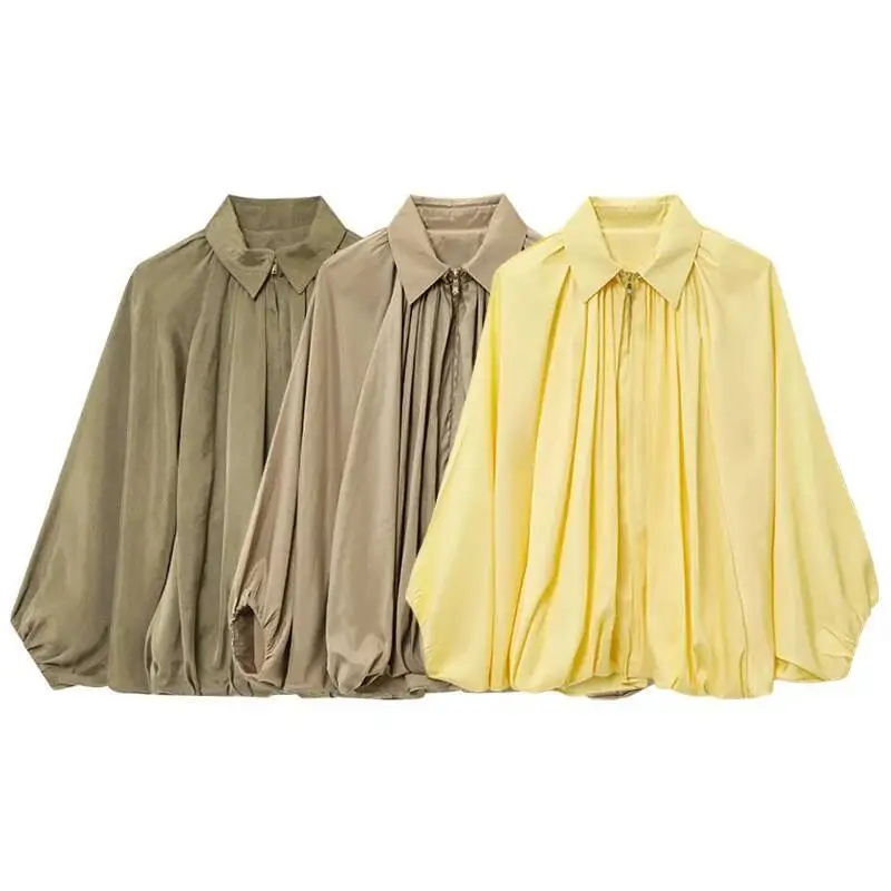 

Satin Lightweight Baseball Spring Casual Pleated Zipper Long Sleeved Jacketcasual Women's Jacket