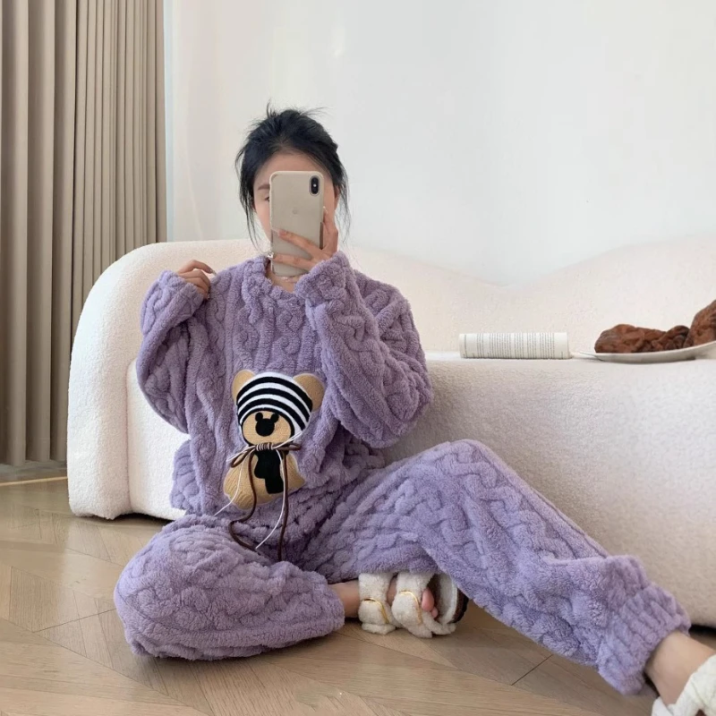 

Coral fleece pajamas for women, flannel cartoon cute bear home wear, thick long-sleeved long pants suit for women