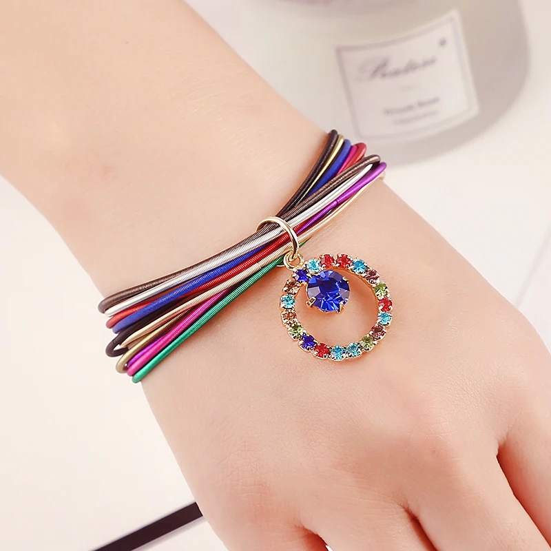 Metal Guitar String Jewelry Cute Women's Gift Circular Shiny Rhinestone Classic Dark Color Mixing Multi-Storey Spring Bracelets