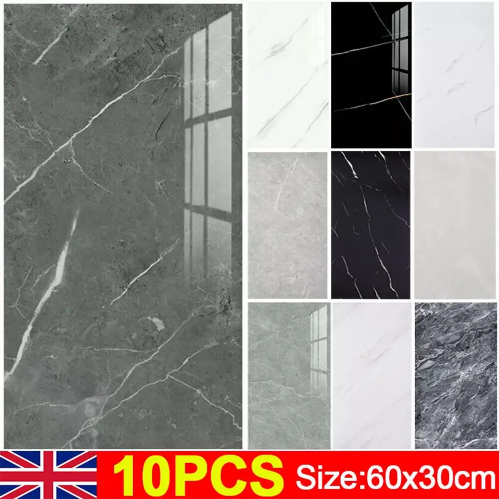 10X PVC Marble Tiles Wall Sticker Self-Adhesive Stick On Kitchen Bathroom Decor