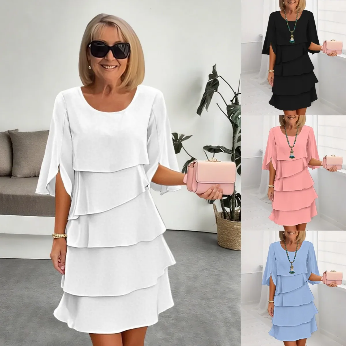 Patchwork Round Neck Dress Midi Length with Loose Fit Refined Commuter Elegant Summer Short Sleeve Regular Sleeve Women Dress
